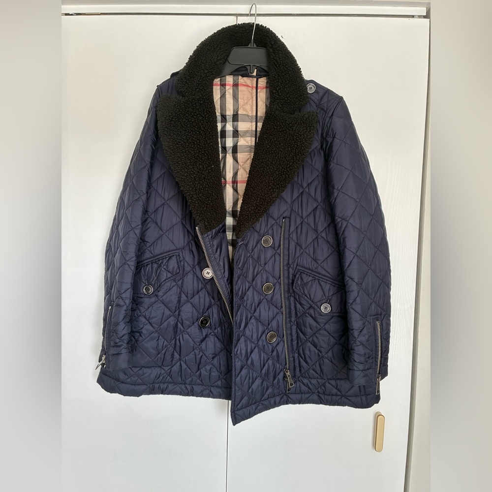 Burberry lDark Blue Quilted Pea Coat Car jacket with Black Shearling Collar L